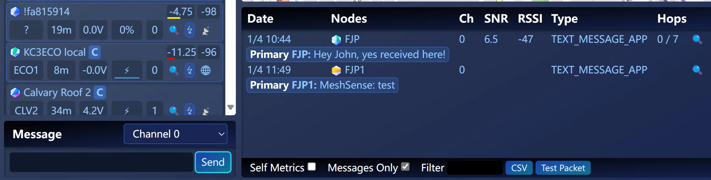 MeshSense 消息界面:Meshtastic 频道选择与消息列表