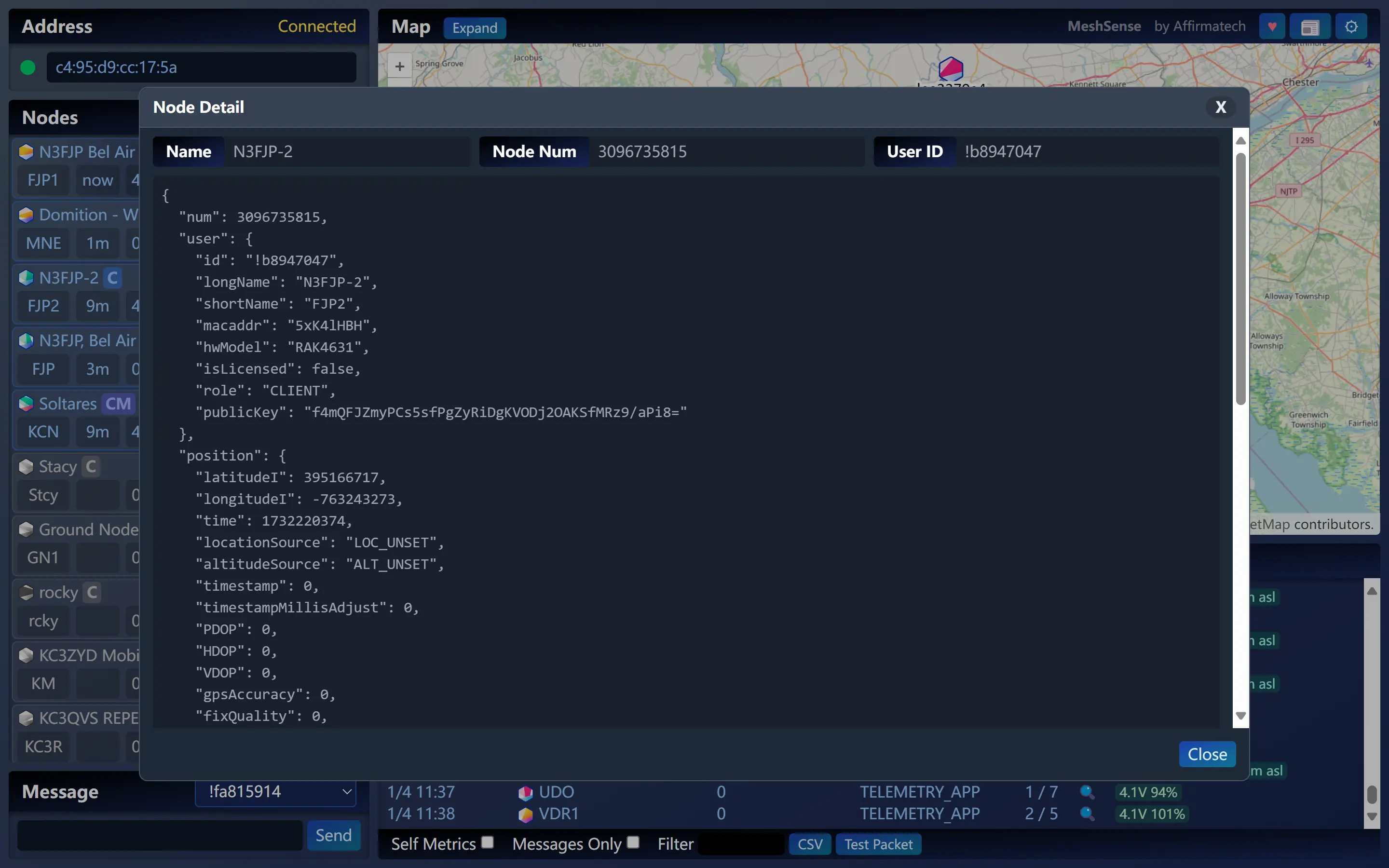 MeshSense 节点详情:Meshtastic 节点 JSON 信息、位置与硬件