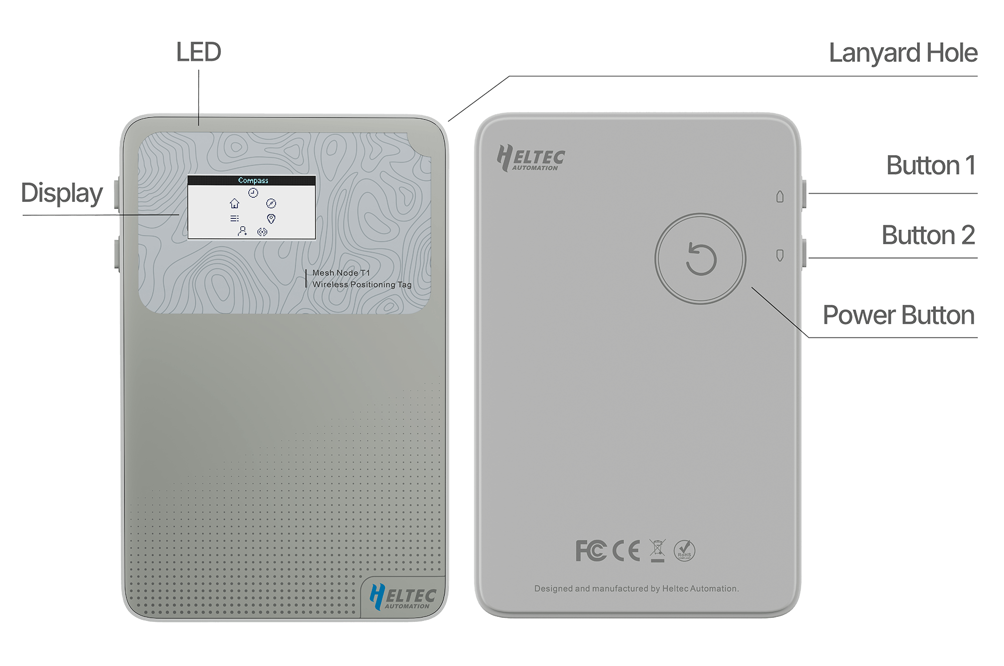 Heltec 官方布局图,能看到屏幕、按键、挂绳孔和顶部 USB-C