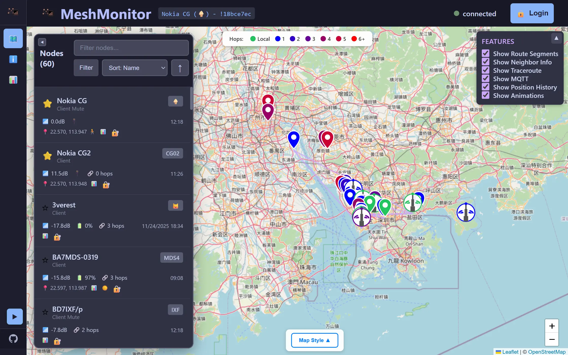 MeshCN 大湾区纯 LoRa 示范网:广州/深圳/中山/东莞