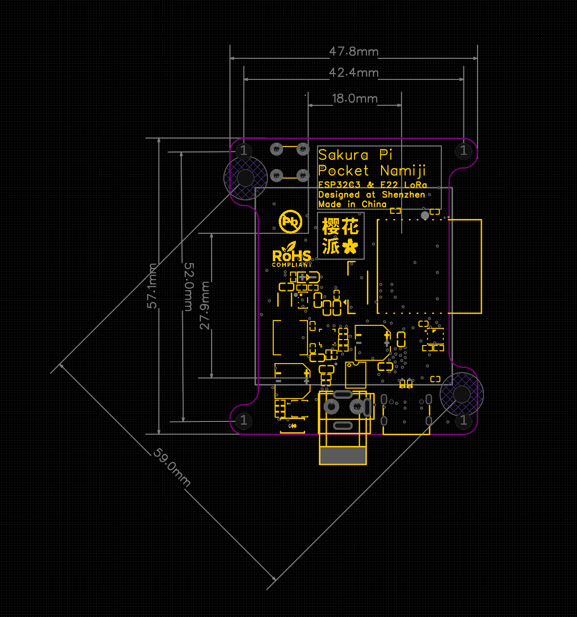 Sakura Pi Pocket Namiji PCB 尺寸与孔位标注图