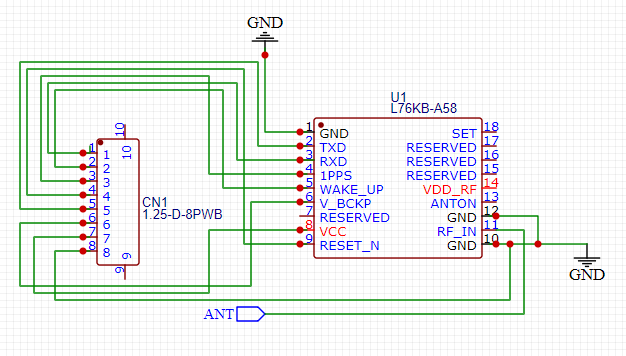 移远 L76KB-A58 GNSS 模块接线原理图,展示电源、信号接口与天线连接方式